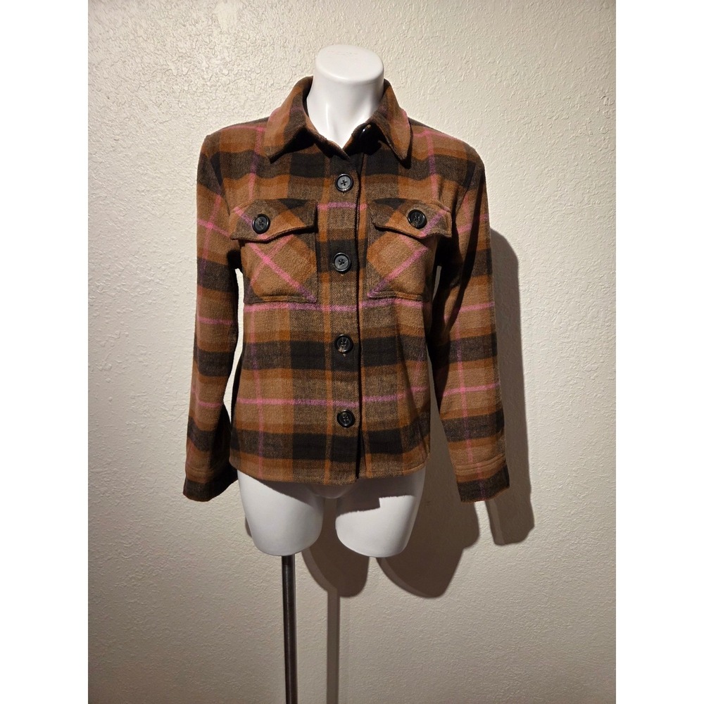 BB‎ Dakota Steve Madden Brown Pink Plaid Shacket Shirt Jacket CL42549W Womens XS